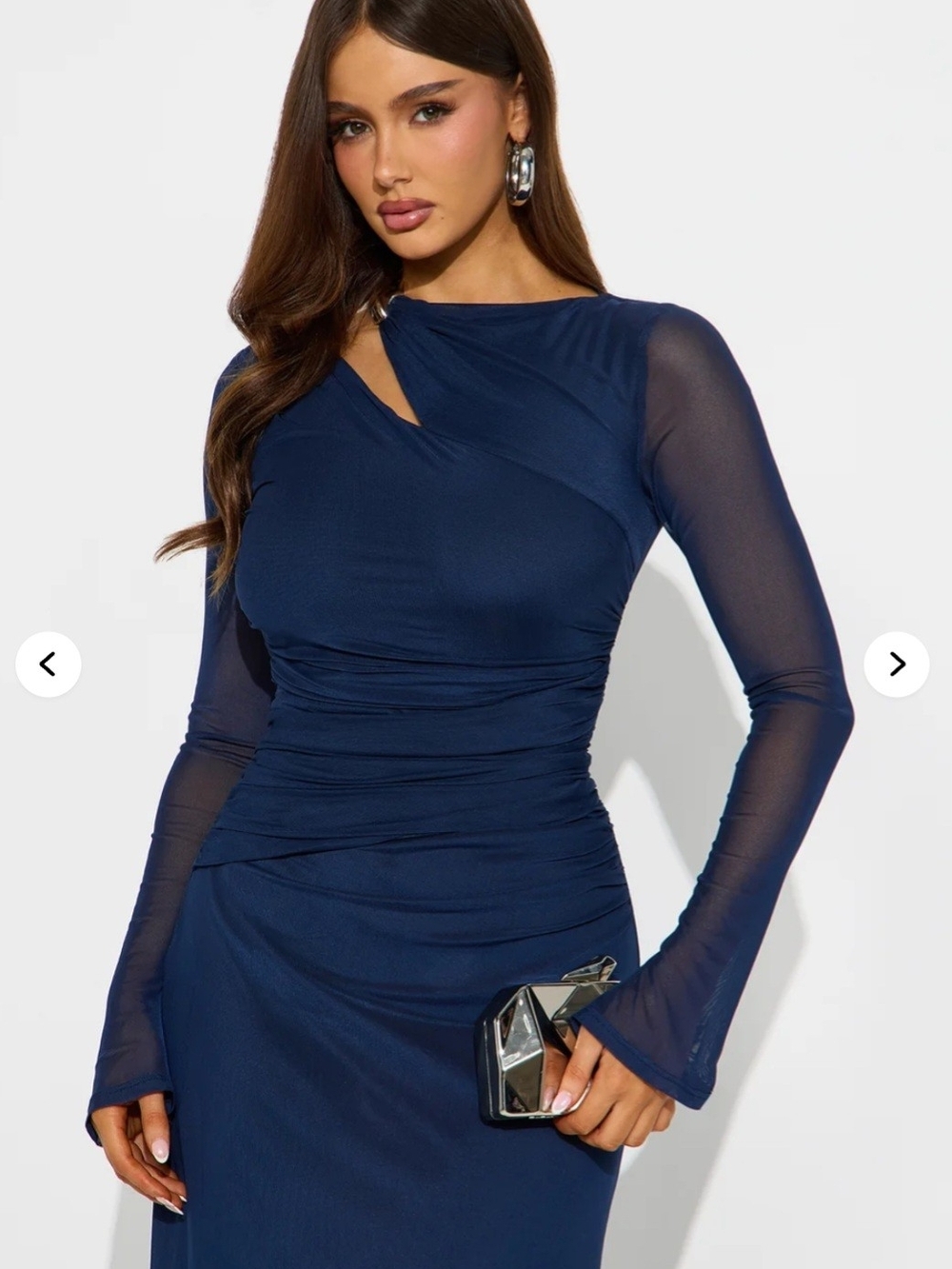 Navy Long-Sleeve Ruched Maxi Dress